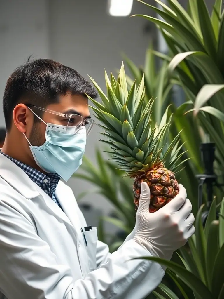 A close-up shot of a researcher examining a pineapple plant in a lab, illustrating the scientific research funded by donations to improve pineapple varieties.